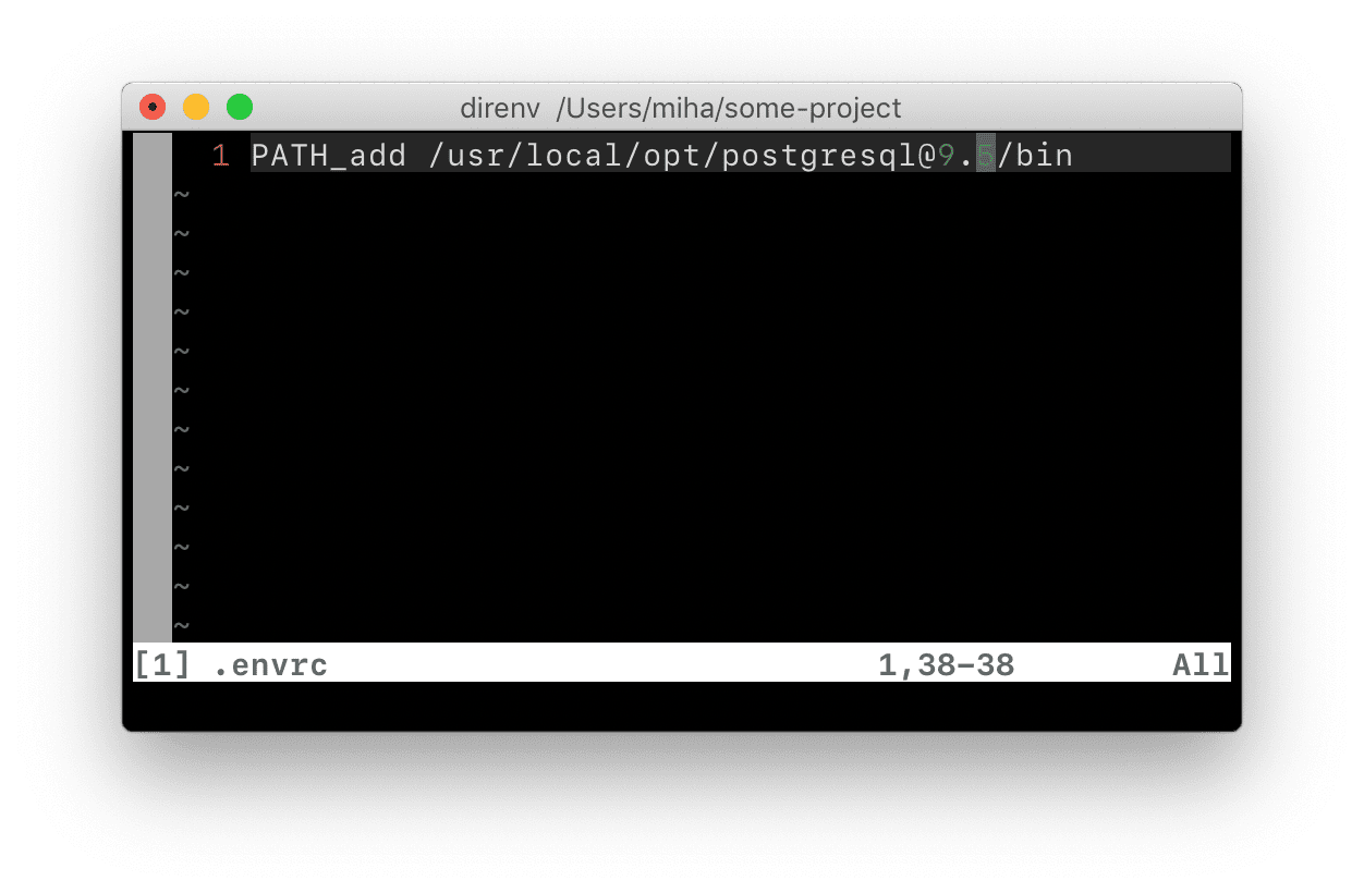 Screenshot of .envrc being edited in a vim buffer with the following content: PATH_add /usr/local/opt/postgresql@9.5/bin