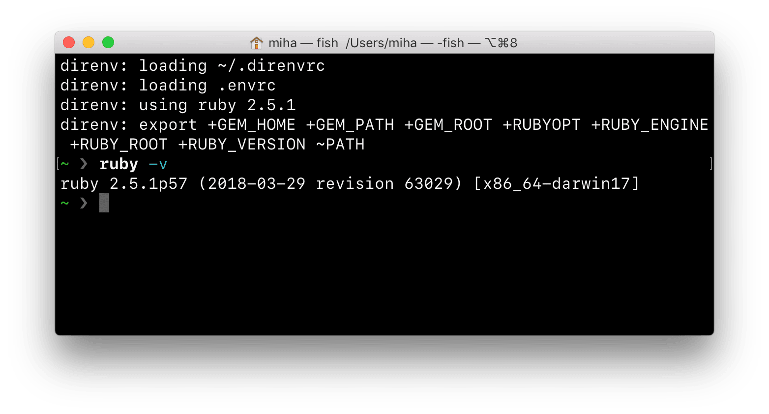 Fish shell with direnv and ruby 2.5.1.